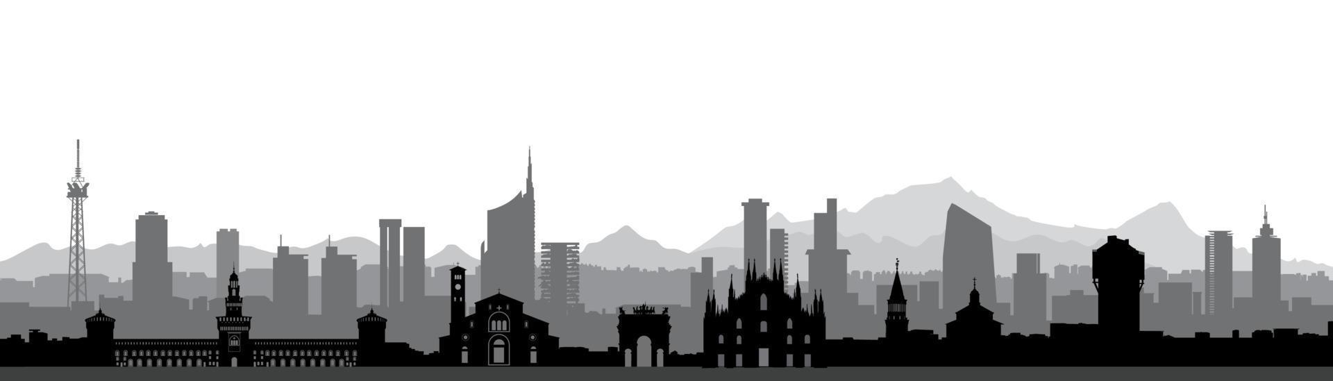Milano città orizzonte. Italia, famoso architettonico turista punti di riferimento. viaggio sfondo con storico edifici. europeo urbano italiano paesaggio. vettore