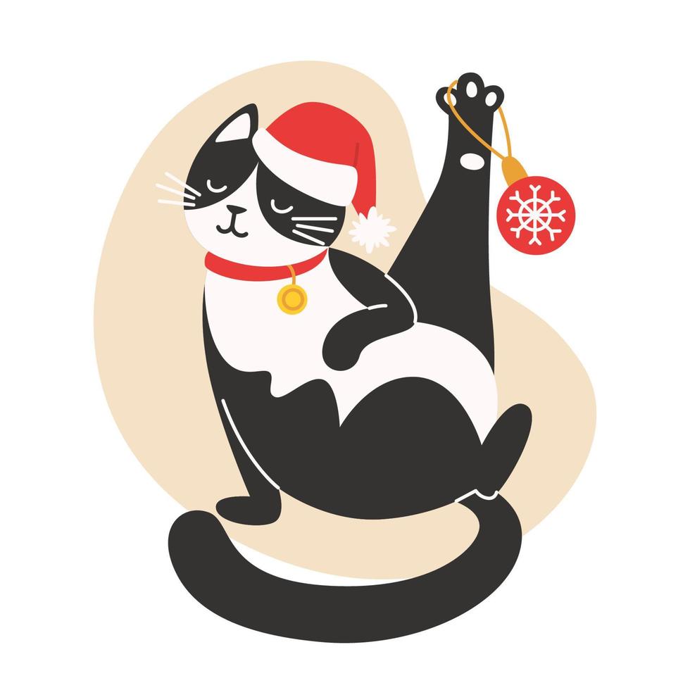 gatto nel un' Santa cappello è giocando ingegno un' Natale decorazione vettore