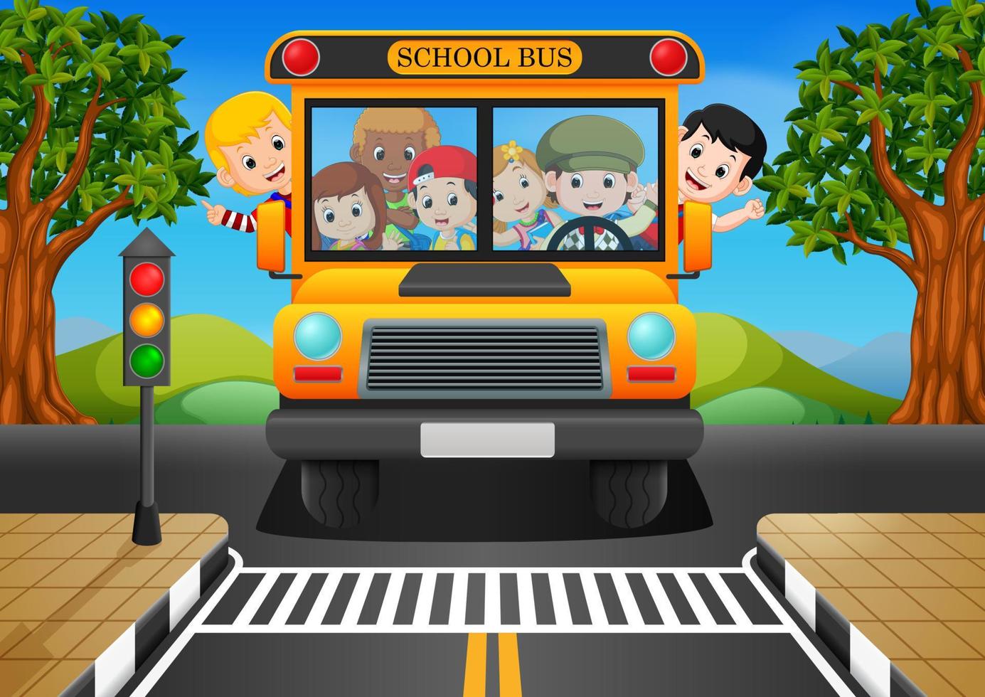 illustrazione di bambini di un' scuola autobus vettore