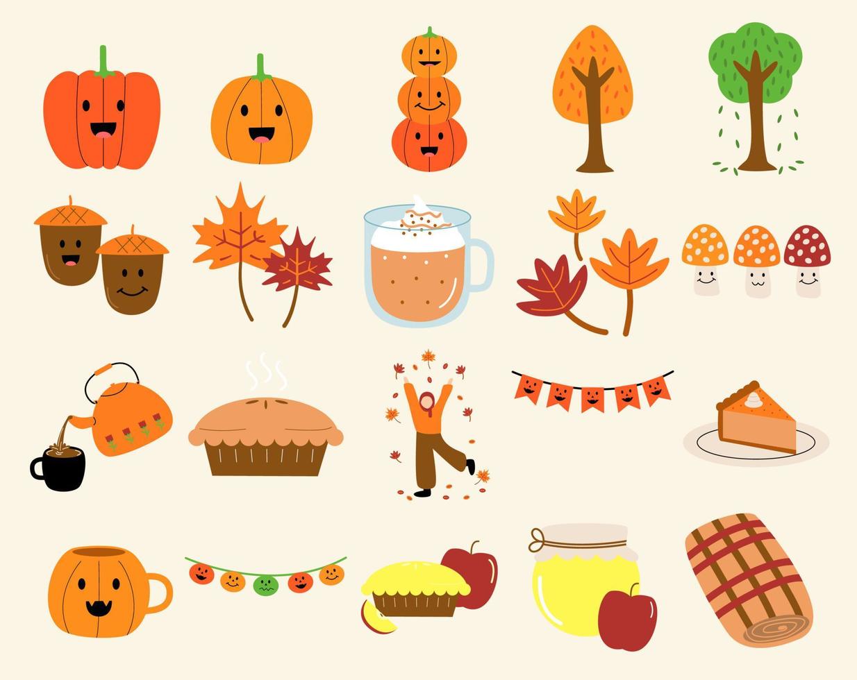 autunno le stagioni autunno icona impostare. zucca, caduta foglie, torta, torta zucca Spezia latte macchiato, acero foglie, sciarpa e altri. vettore