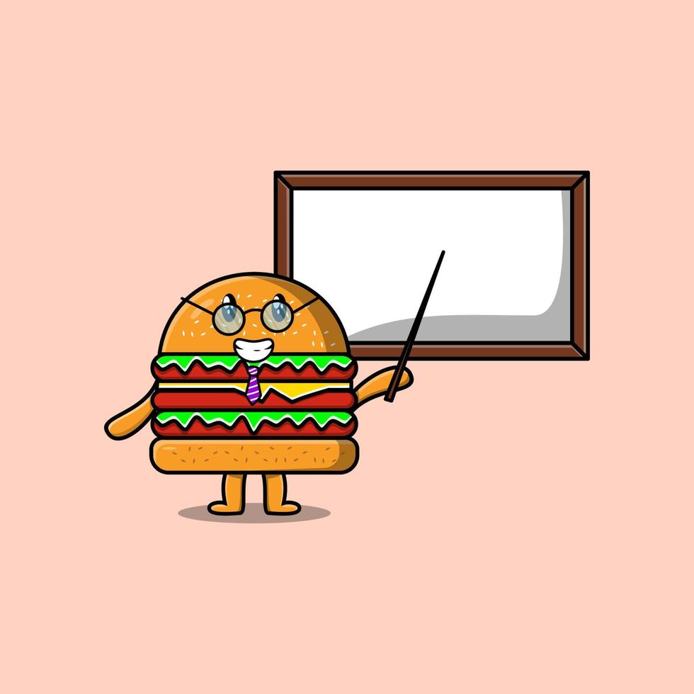 cartone animato hamburger insegnante insegnamento con lavagna vettore
