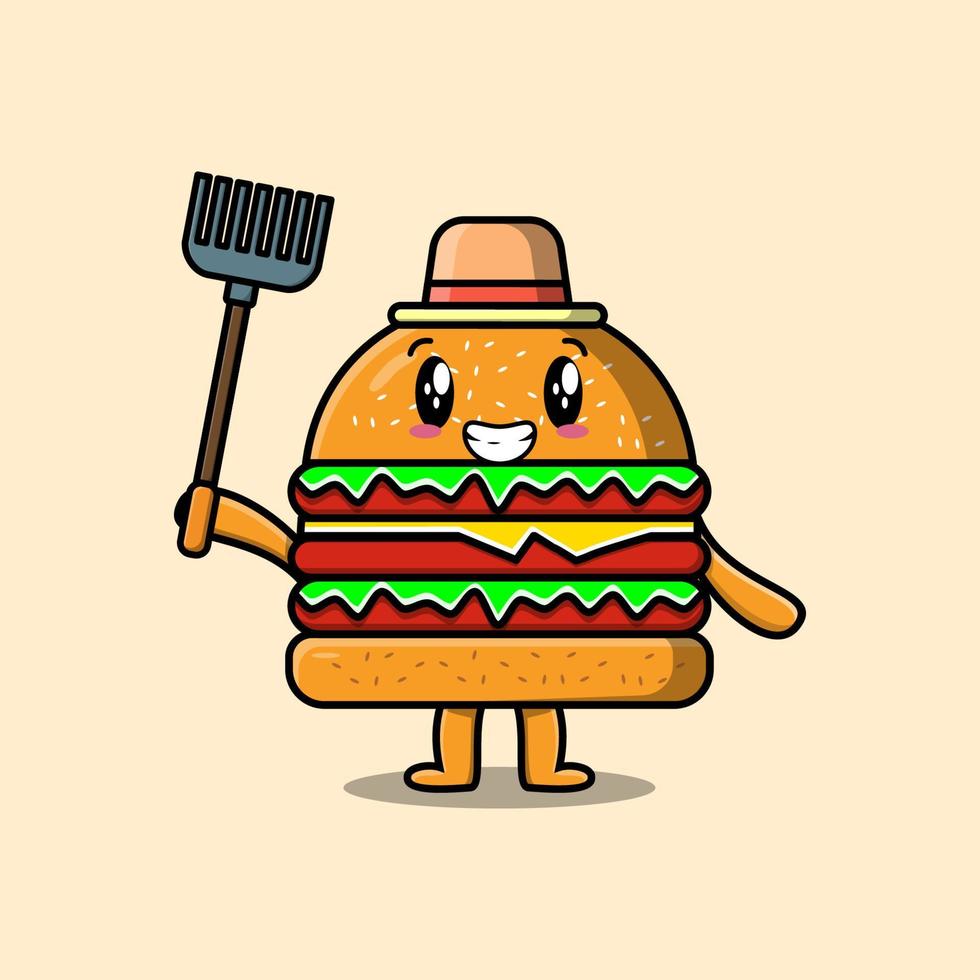 cartone animato agricolo lavoratore hamburger con forcone vettore
