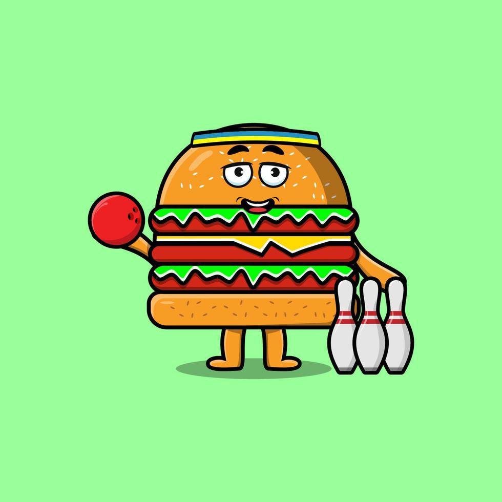 carino cartone animato hamburger personaggio giocando bowling vettore