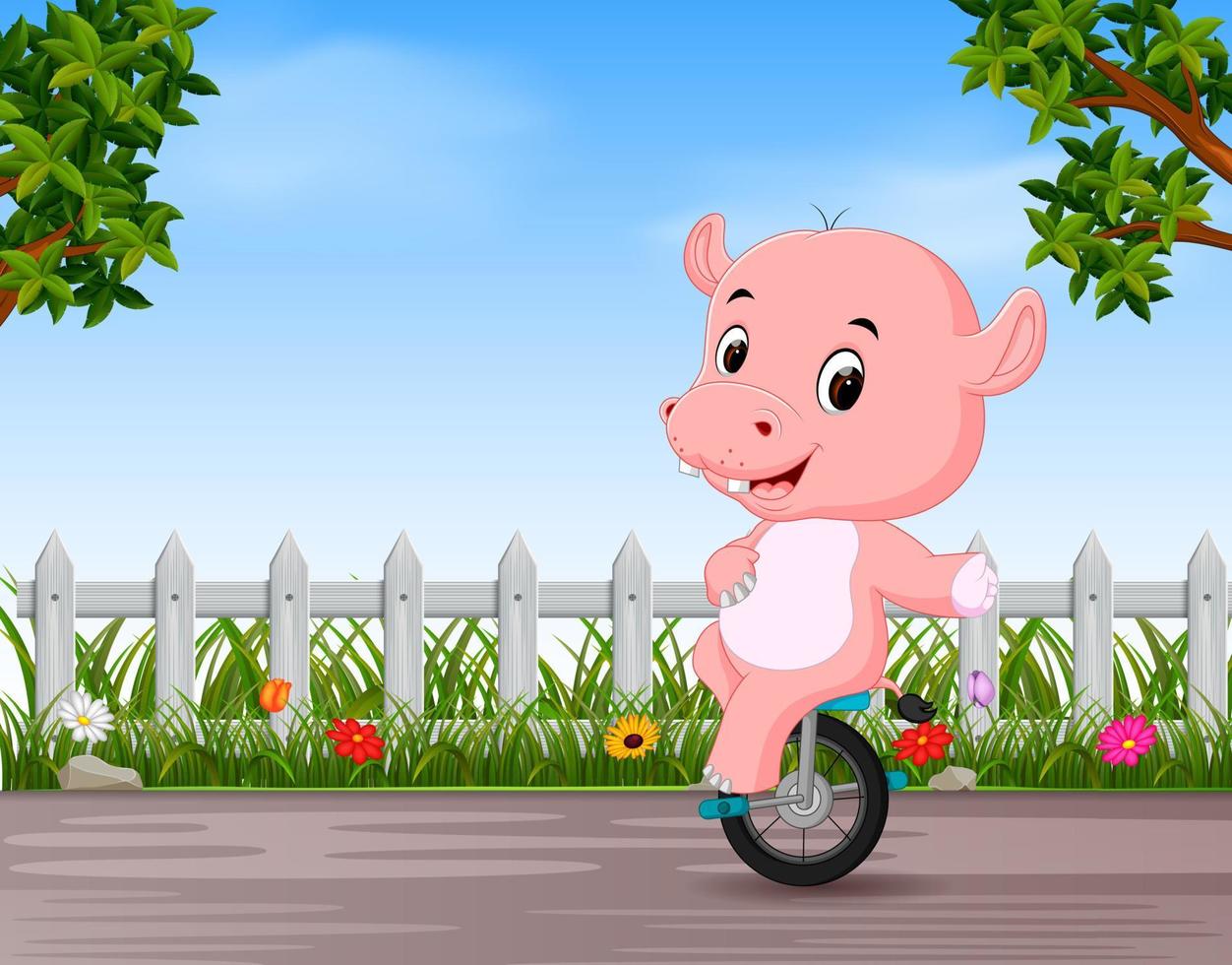 divertente ippopotamo giocando monociclo nel il strada vettore