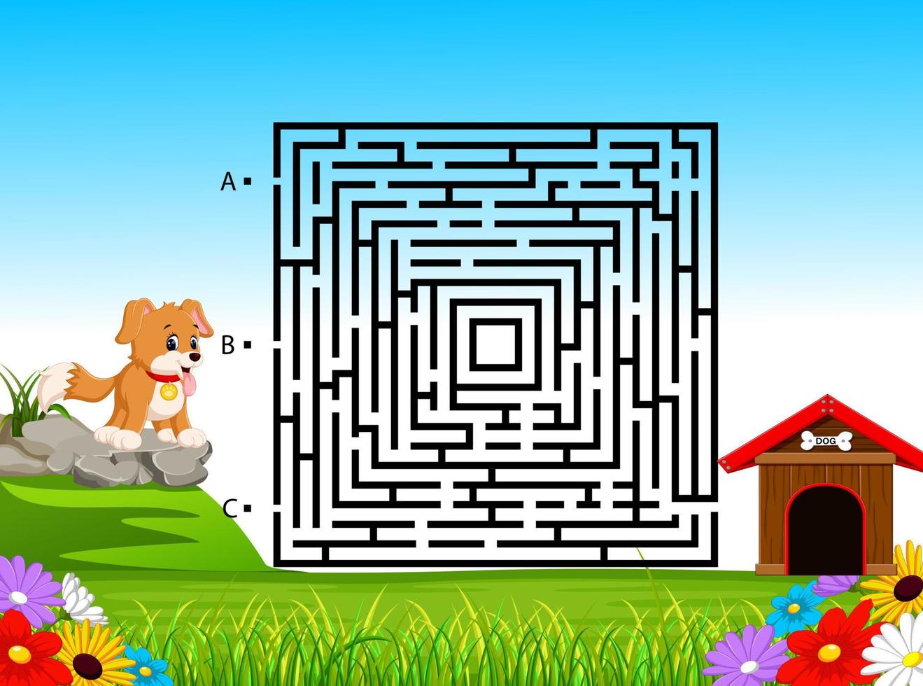labirinto gioco per prescolastico bambini con divertente cane e canile vettore