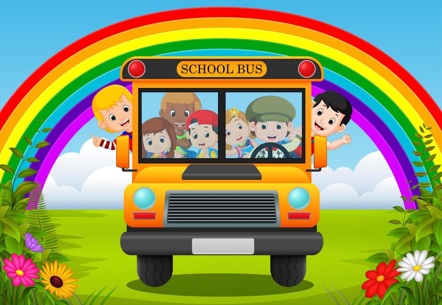 illustrazione di bambini di un' scuola autobus vettore