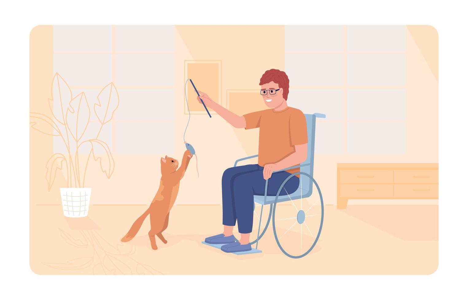 Disabilitato persona giocando con gatto 2d vettore isolato illustrazione. positivo piatto personaggio su cartone animato sfondo. casa ambiente colorato modificabile scena per mobile, sito web, presentazione