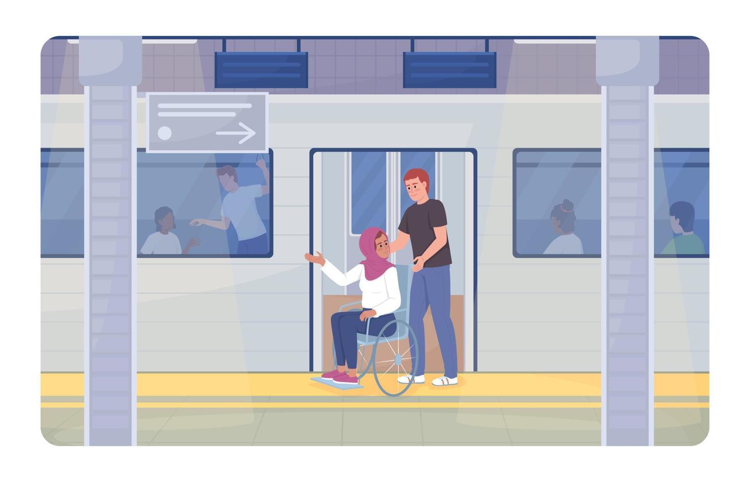 Disabilitato persona nel metropolitana 2d vettore isolato illustrazione. uomo offerta supporto piatto personaggi su cartone animato sfondo. pendolarismo colorato modificabile scena per mobile, sito web, presentazione