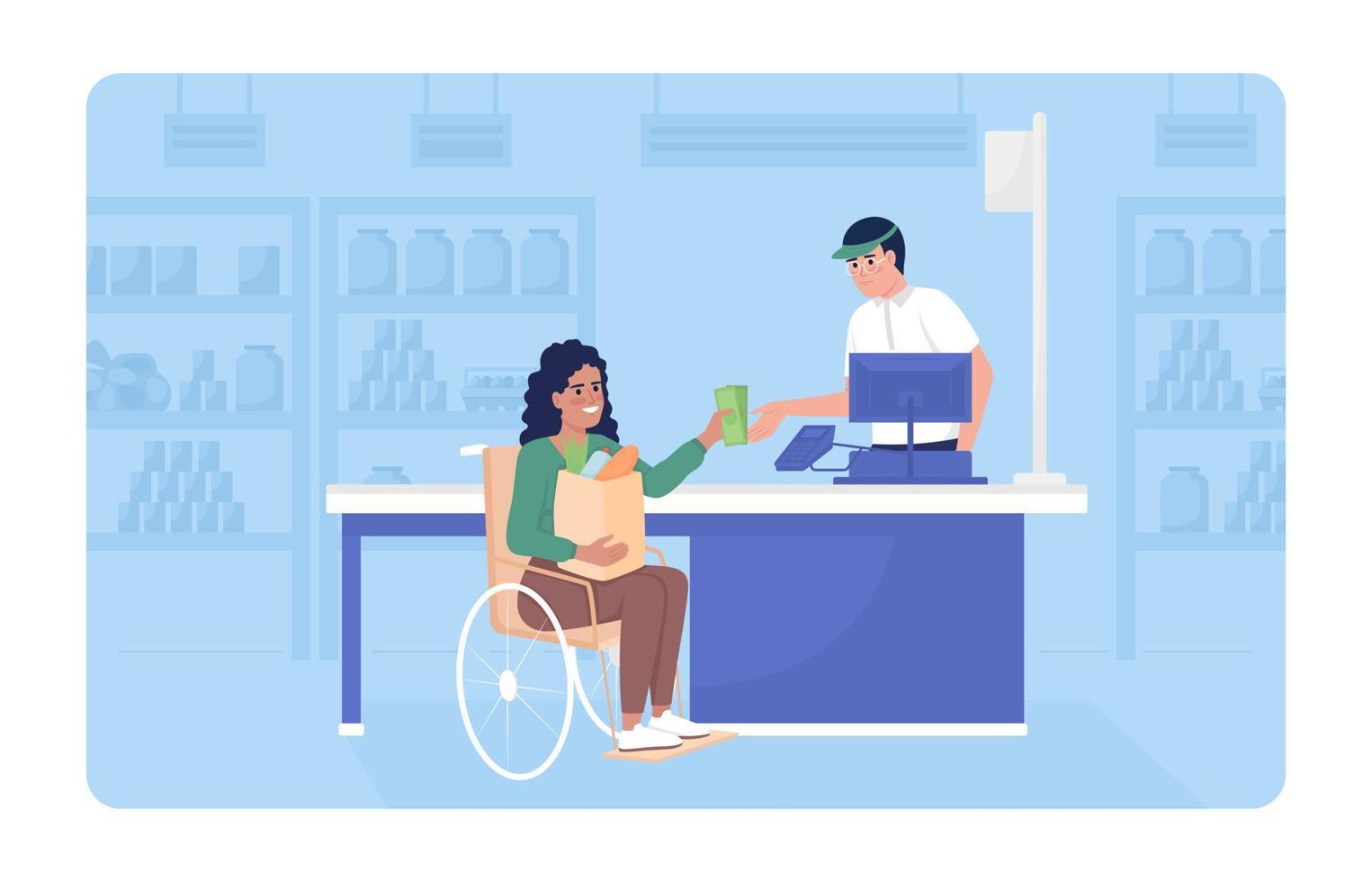 Disabilitato persona a supermercato 2d vettore isolato illustrazione. acquisto cibo prodotti piatto personaggi su cartone animato sfondo. quotidiano routine colorato modificabile scena per mobile, sito web, presentazione