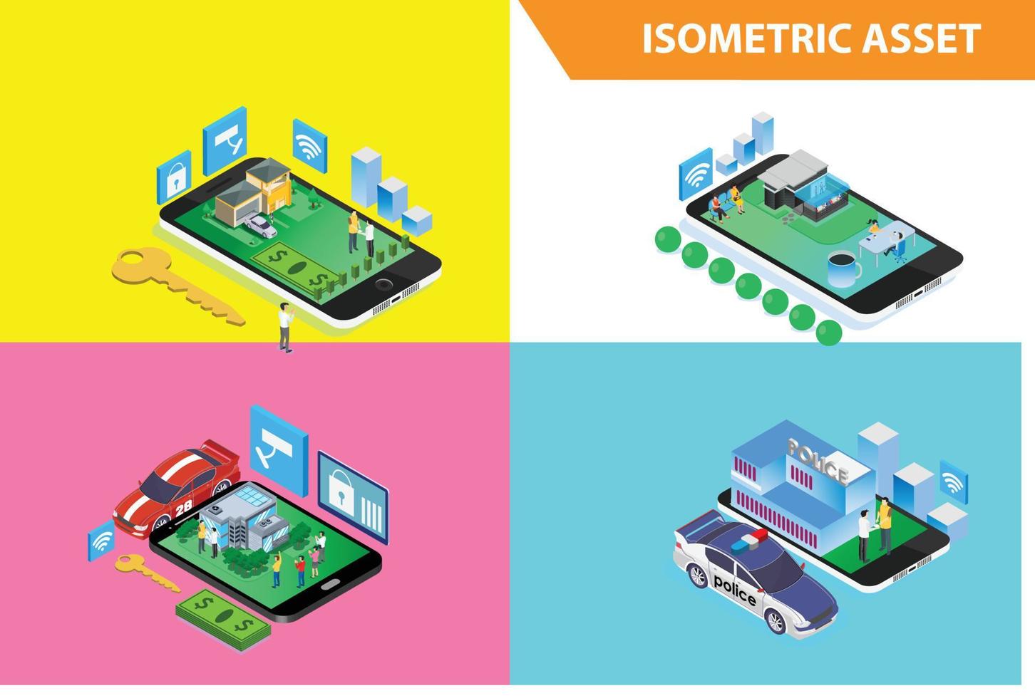 moderno 3d isometrico impostato collezione inteligente negozio in linea tecnologia illustrazione nel bianca isolato sfondo con persone e digitale relazionato risorsa vettore