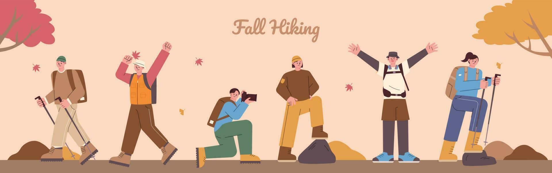 persone nel alpinismo Abiti siamo godendo autunno arrampicata. escursioni a piedi pista sfondo. piatto vettore illustrazione.