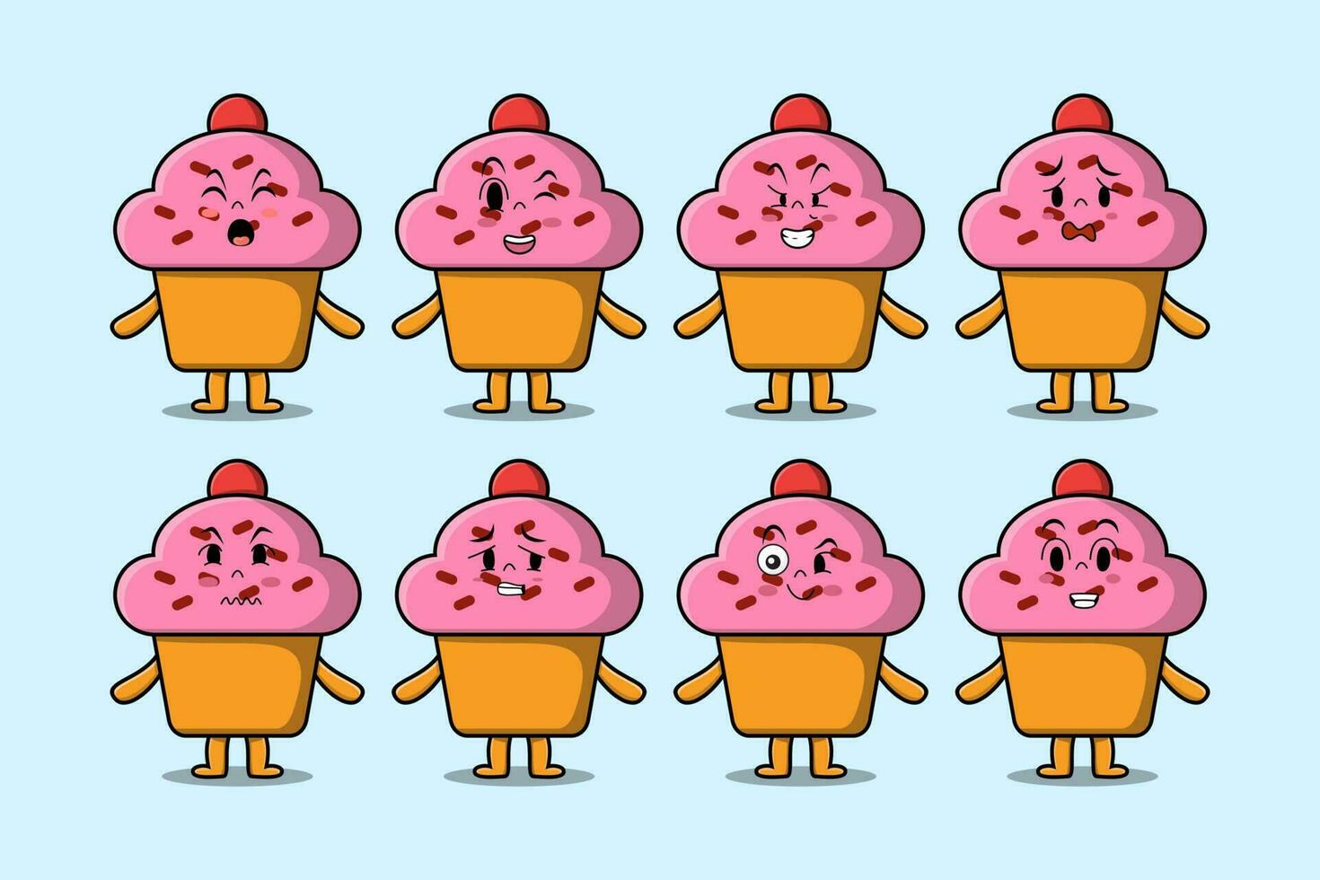 impostato kawaii Cupcake cartone animato con espressioni vettore