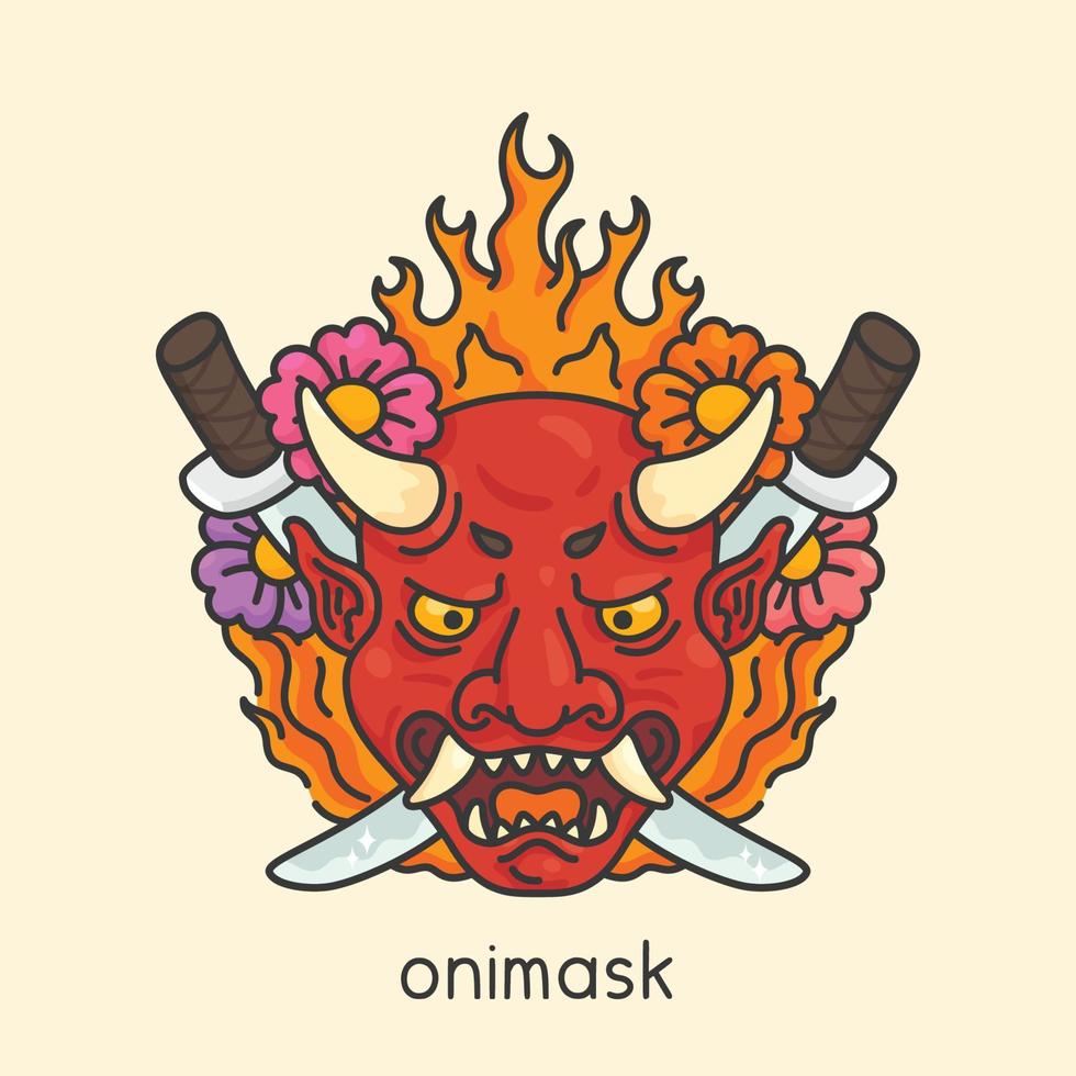 rosso onimask e un' fiammeggiante spada Giappone retrò acquaforte scarabocchio piatto cartone animato vettore illustrazione