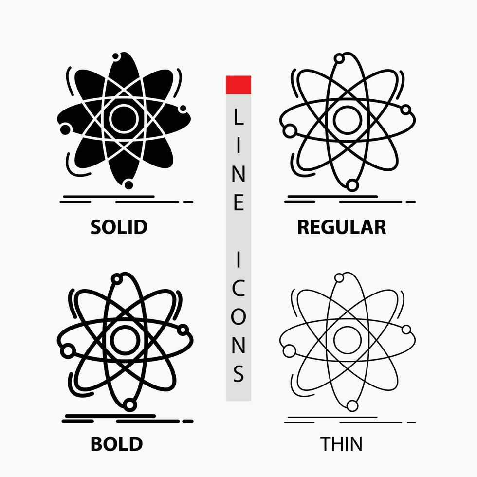 atomo. scienza. chimica. fisica. nucleare icona nel sottile. regolare. grassetto linea e glifo stile. vettore illustrazione