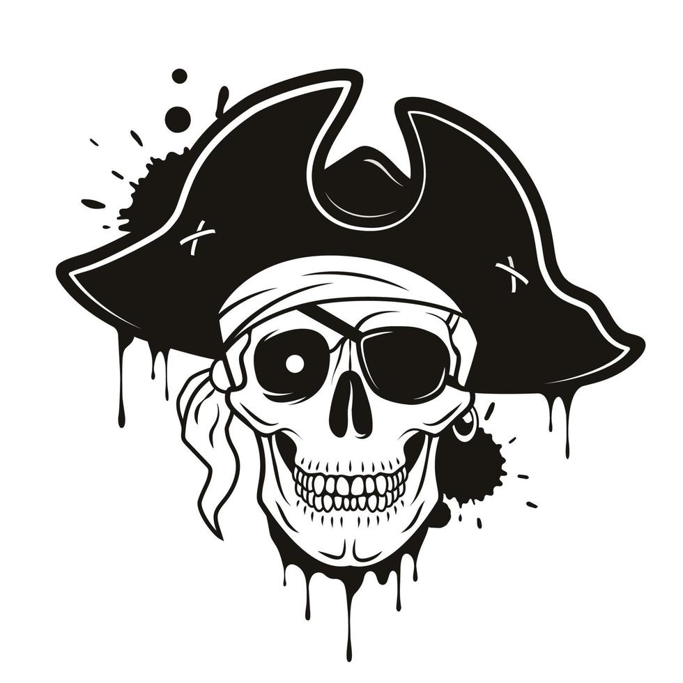 pirata cranio con occhio toppa, cappello, bandana, raggiante occhio. vettore mano disegnato cartone animato illustrazione isolato su bianca sfondo