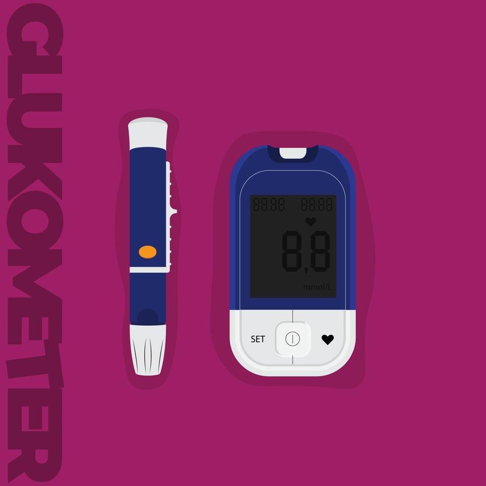 impostato di glucometro per zucchero livello test nel cartone animato design per mondo diabete giorno design vettore