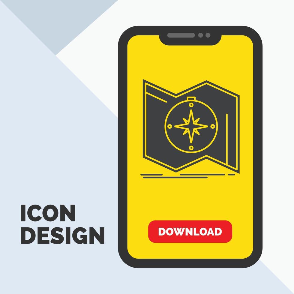 direzione. Esplorare. carta geografica. navigare. navigazione glifo icona nel mobile per Scarica pagina. giallo sfondo vettore