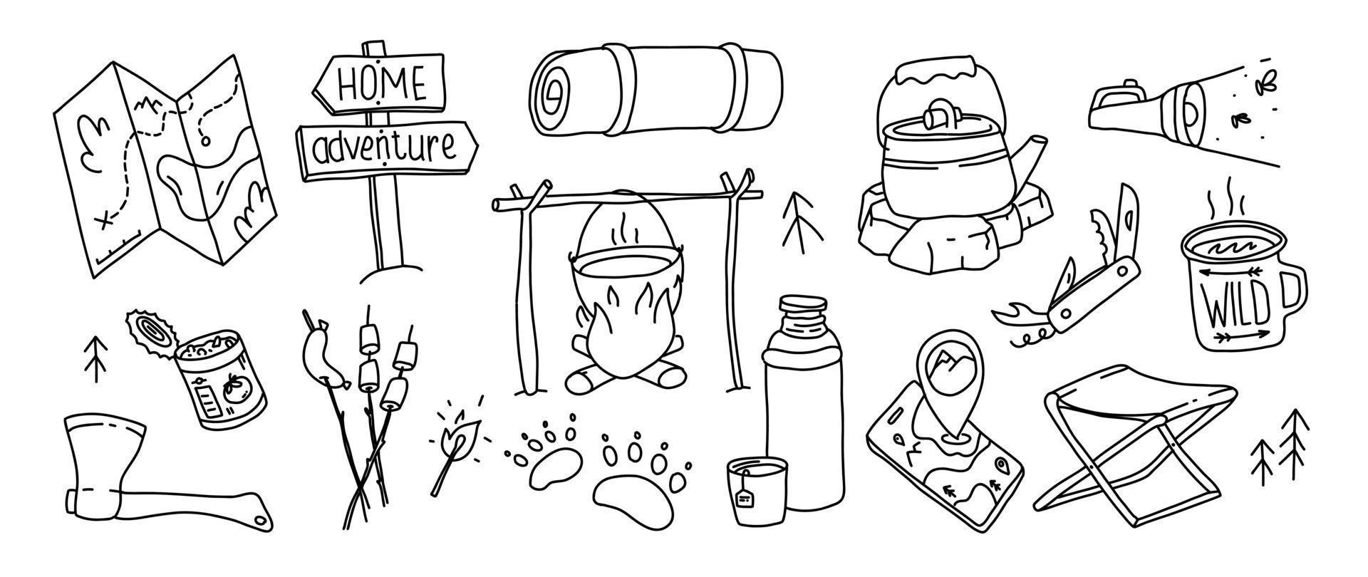 illustrazione di escursionismo disegnato a mano. set di doodle da campeggio all'aperto. attrezzatura per l'avventura selvaggia. navigazione e campeggio semplice raccolta vettoriale. vettore