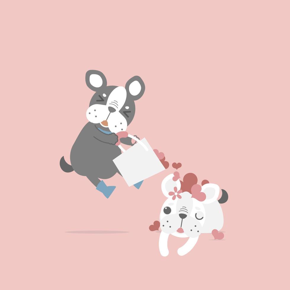 carino e bello mano disegnato carino coppia francese bulldog carlino con cuore, contento San Valentino giorno, amore concetto, piatto vettore illustrazione cartone animato personaggio costume design