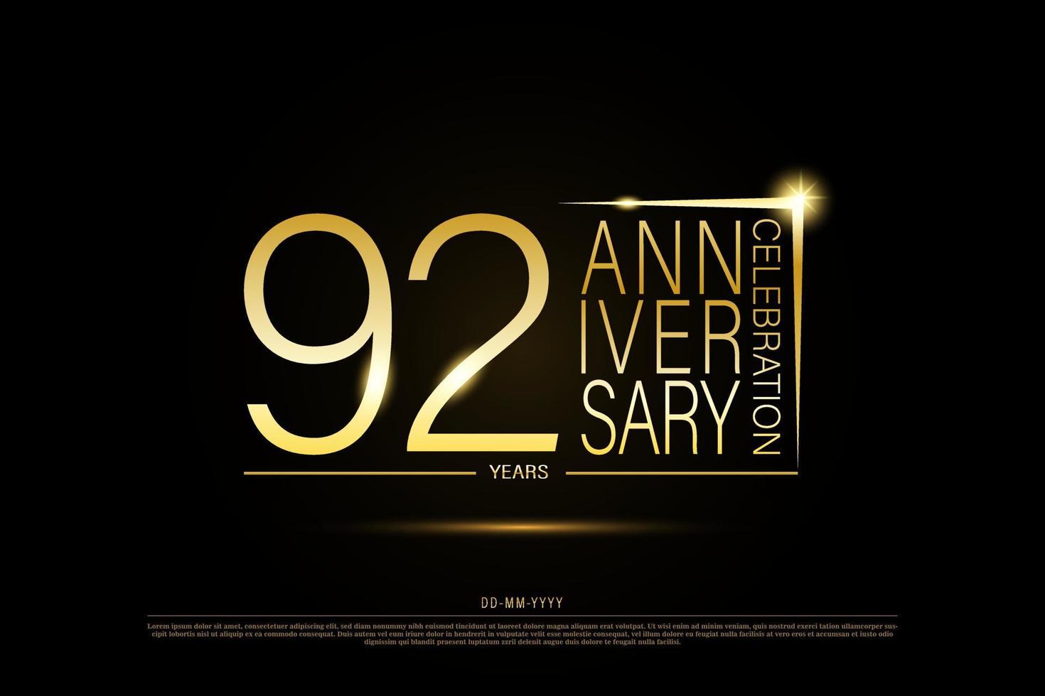 92 anni d'oro anniversario oro logo su nero sfondo, vettore design per celebrazione.