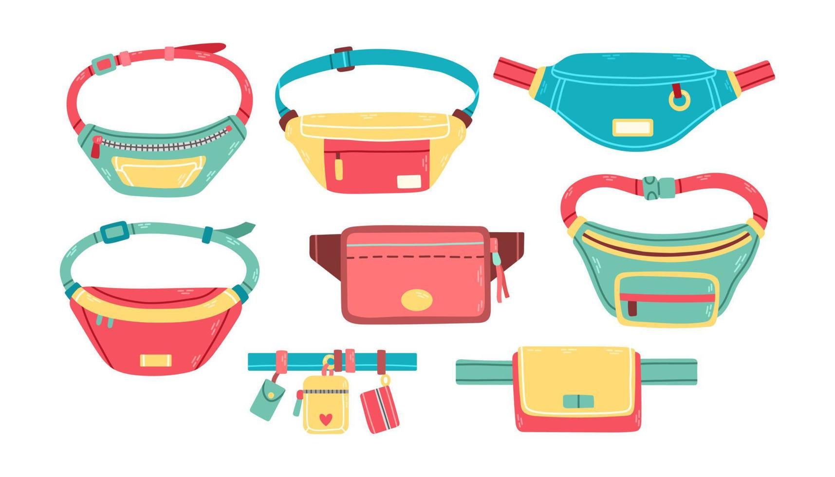 di moda vita borse impostato di diverso forma e colore unisex elementi con cerniere lampo isolato vettore illustrazione