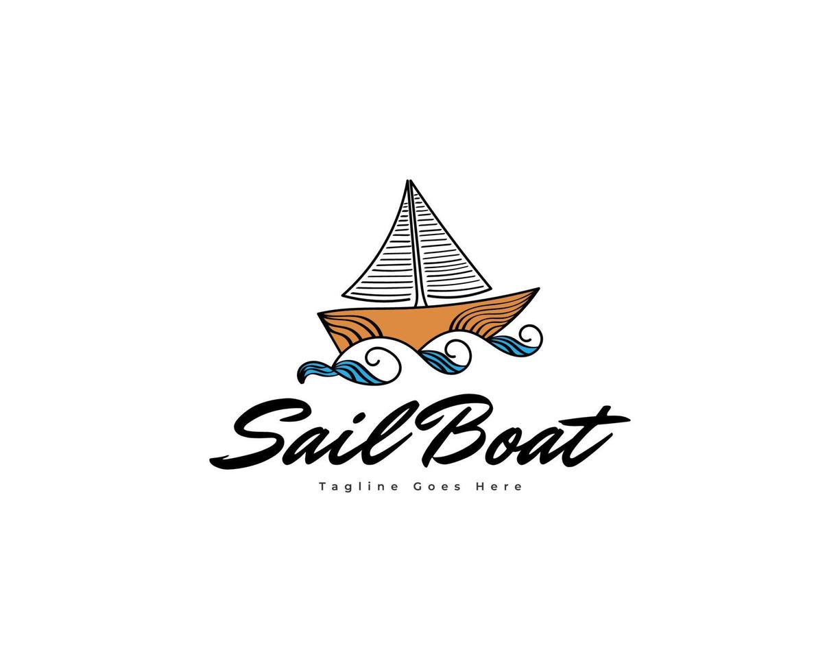 Vintage ▾ barca a vela logo design con linea arte stile. barca a vela con blu onda illustrazione per logo attività commerciale identità vettore