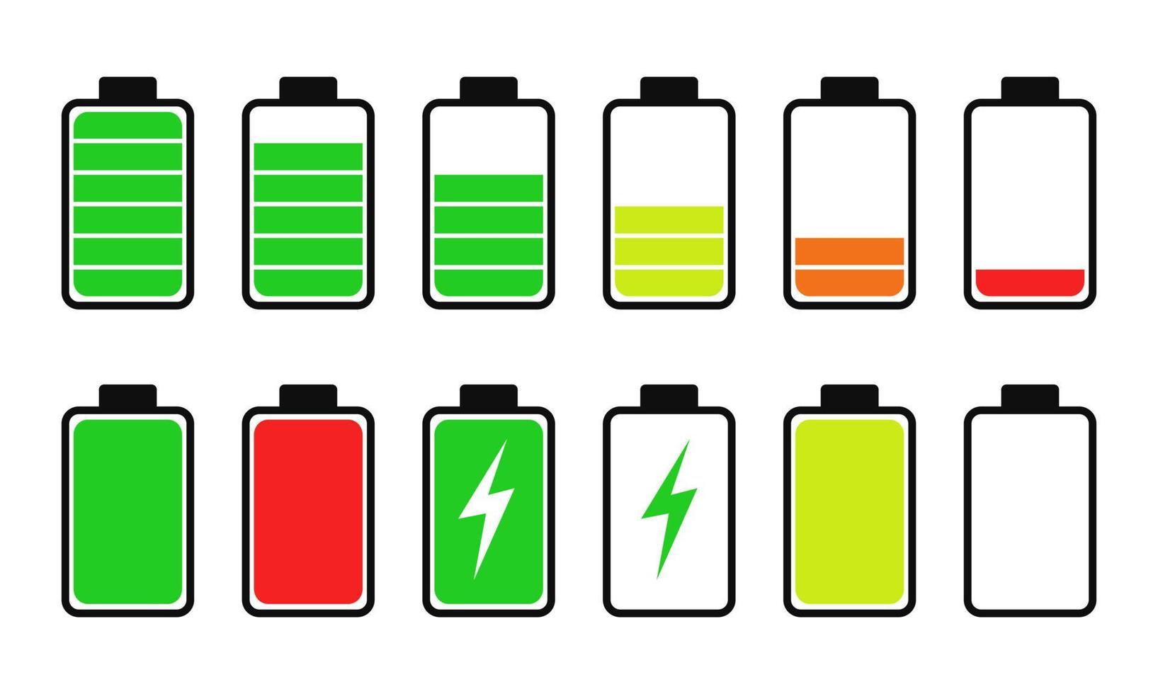 batteria caricare stato impostare. collezione icona Telefono batteria energia livelli e energia indicatore. ricaricare batteria elettricità pieno e basso. accumulatore smartphone caricare interfaccia e progresso bar generazione vettore