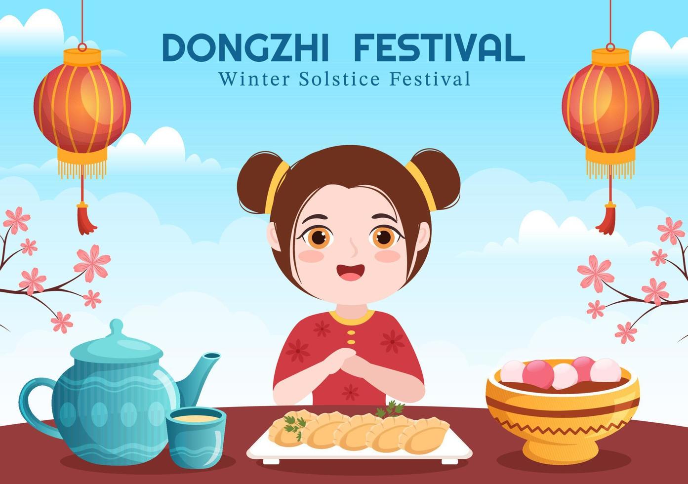 dongzhi o inverno solstizio Festival modello mano disegnato cartone animato piatto illustrazione con famiglia godendo Cinese cibo tangyuan e jiaozi concetto vettore