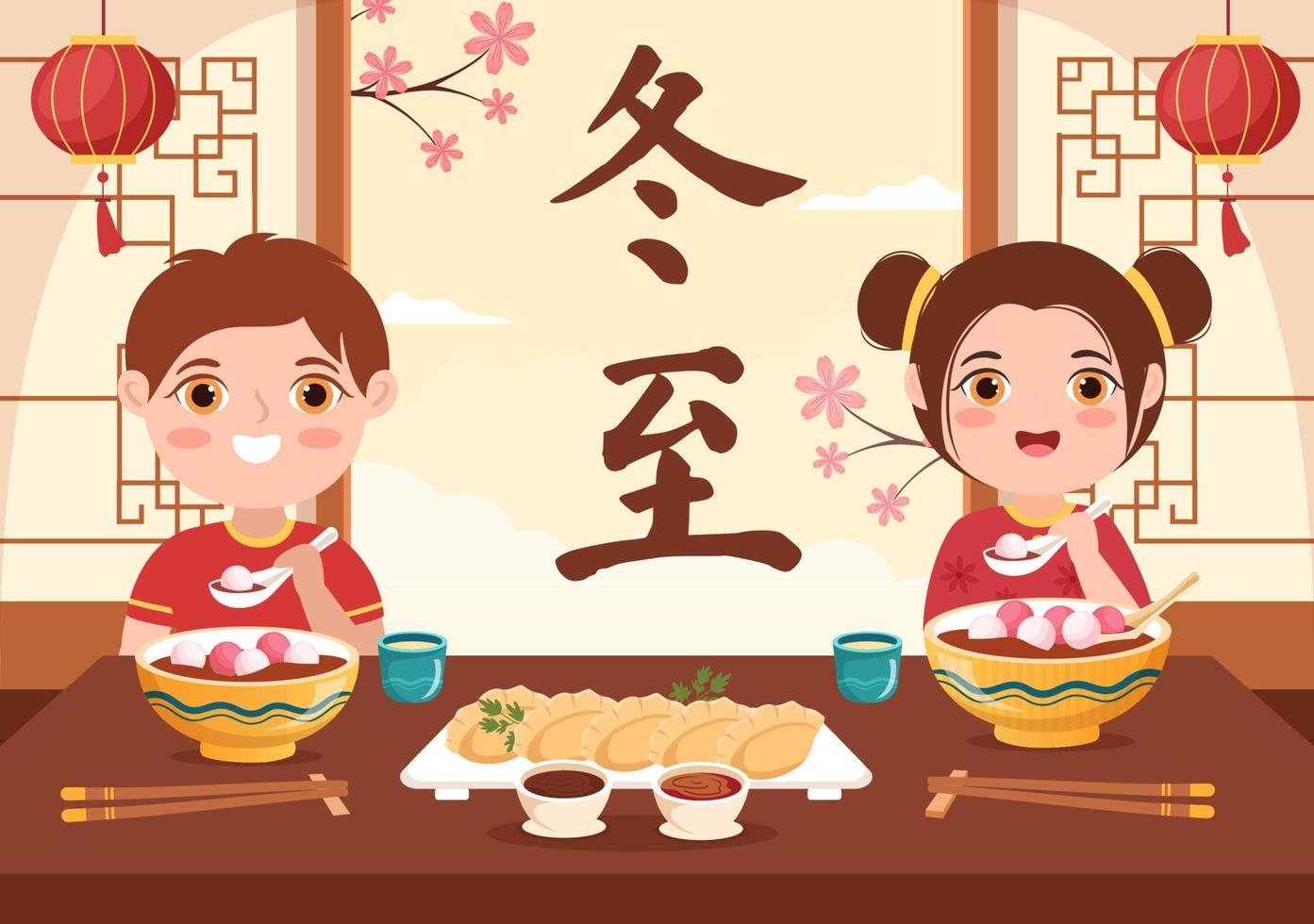 dongzhi o inverno solstizio Festival modello mano disegnato cartone animato piatto illustrazione con famiglia godendo Cinese cibo tangyuan e jiaozi concetto vettore