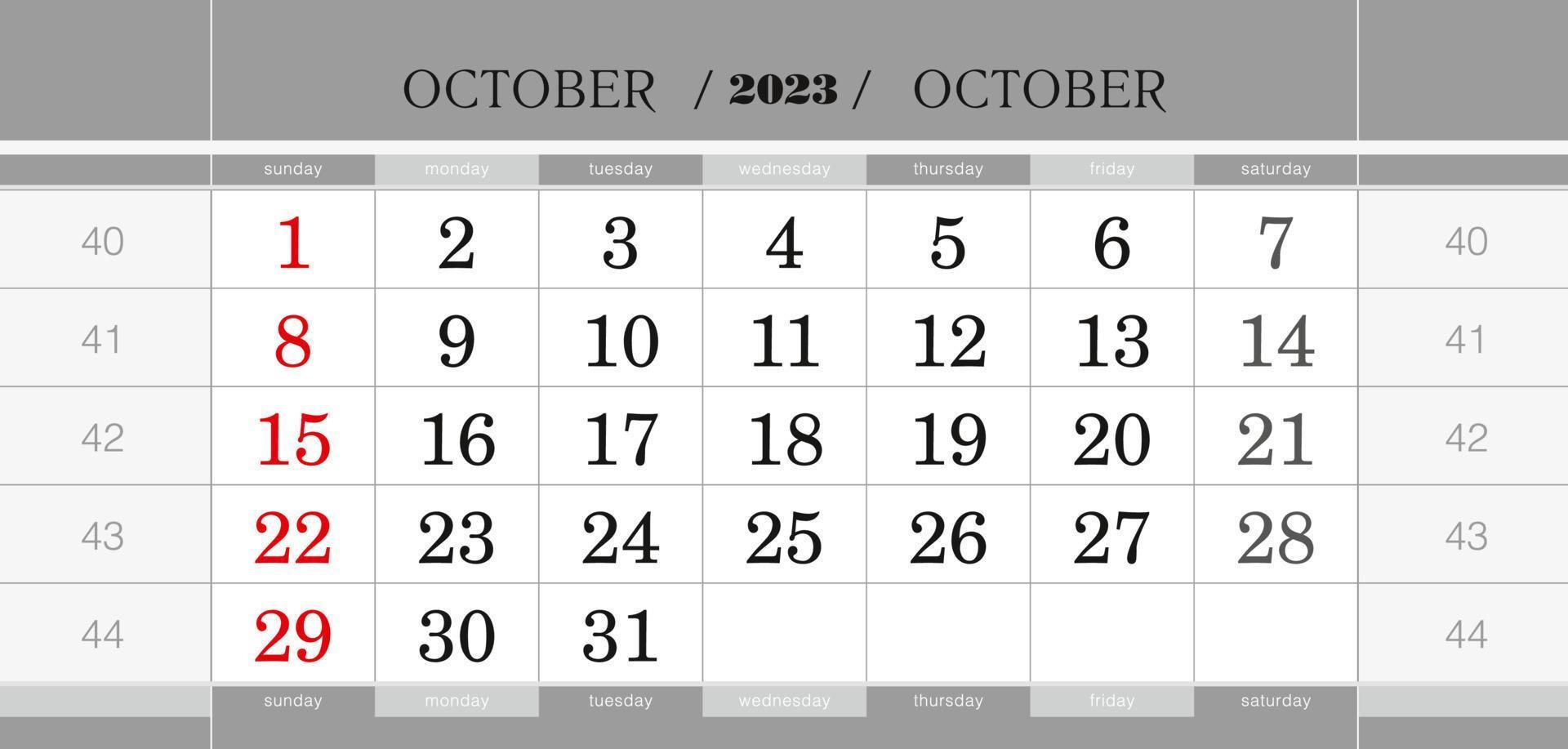 ottobre 2023 trimestrale calendario bloccare. parete calendario nel inglese, settimana inizia a partire dal domenica. vettore