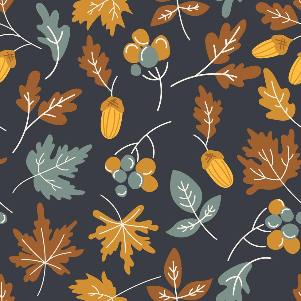 senza soluzione di continuità modello di autunno le foglie con acero rami, foglie, Rowan bacca su nero buio sfondo. ripetibile motivo per di stagione autunno. foresta natura illustrazioni per sfondo, tessuto, stampe. vettore