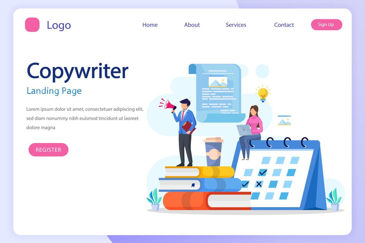 banner web copywriter o set di pagine di destinazione. idea di scrivere testi vettore piatto