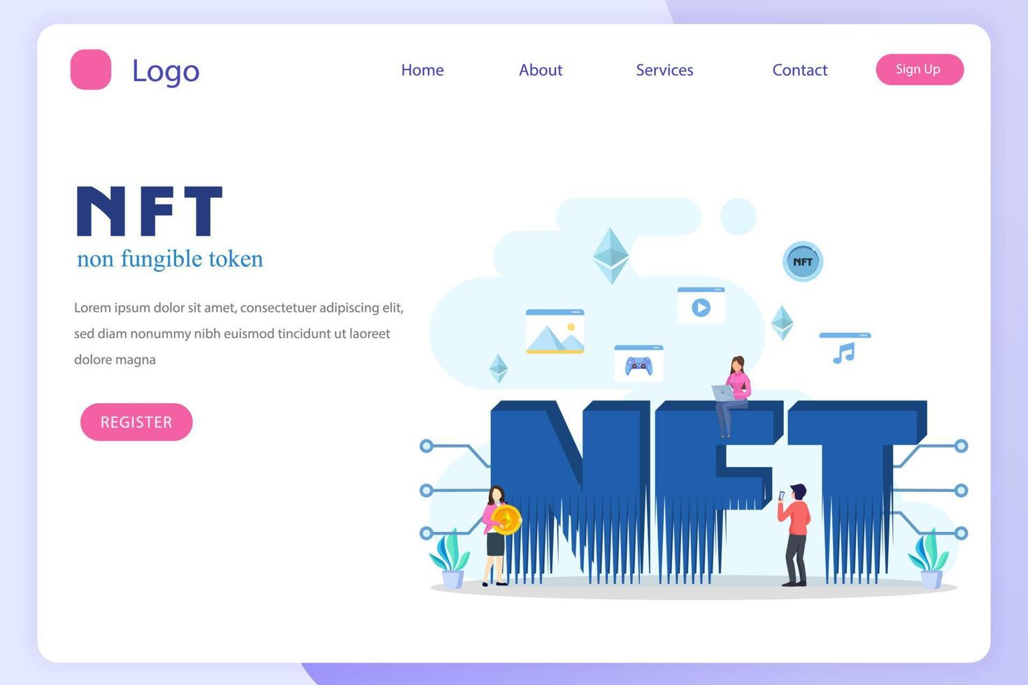 token non fungibile nft, tecnologia blockchain di cripto arte digitale, illustrazione vettoriale piatta,