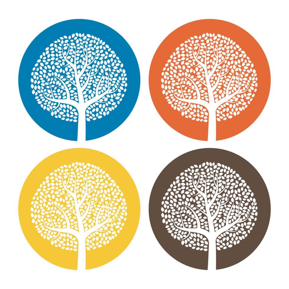 impostato di quattro bianca alberi con le foglie su colorato il giro sfondo. vettore illustrazione