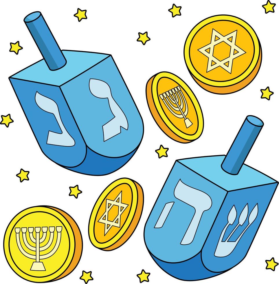 hanukkah dreidel e monete cartone animato colorato clipart vettore