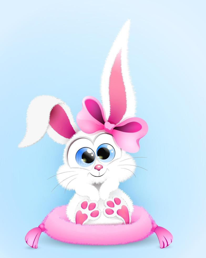 carino soffice poco cartone animato coniglietto con rosa arco seduta su morbido cuscino. vettore