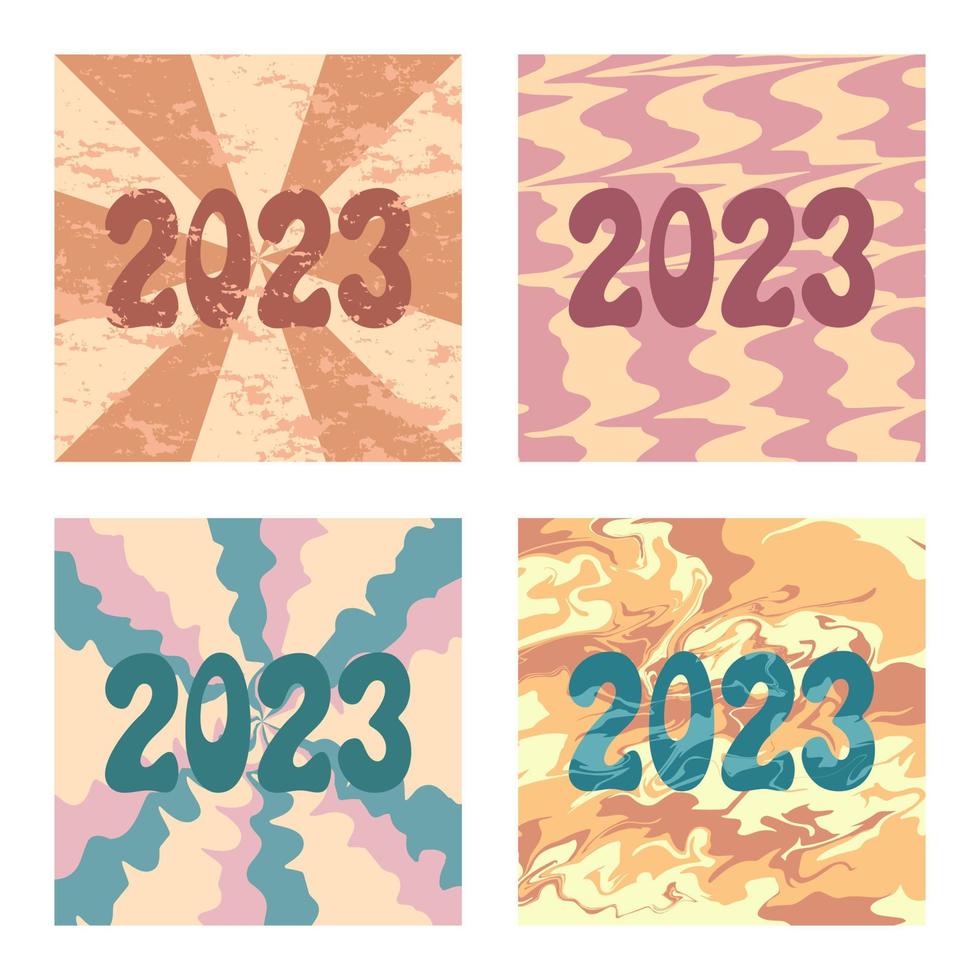 2023 numeri su astratto trippy sfondi. vettore impostato di piazza di moda illustrazioni. bello, retrò e psichedelico design. sociale media 2023 inviare modelli collezione