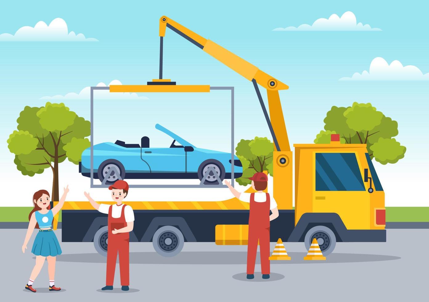 auto rimorchio auto utilizzando un' camion con ciglio della strada assistenza servizio nel modello mano disegnato cartone animato piatto sfondo illustrazione vettore