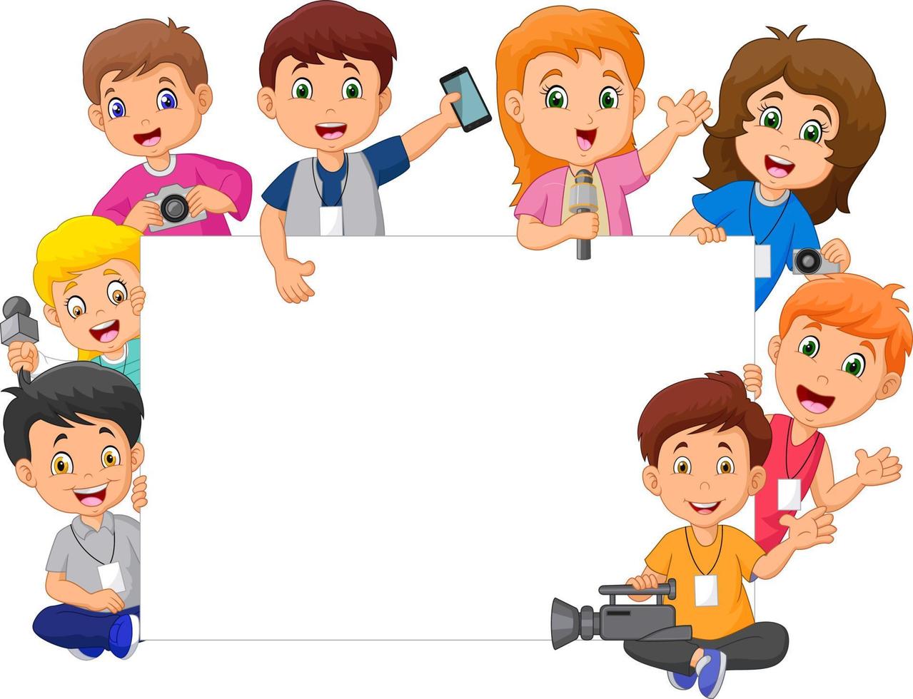 cartone animato contento bambini nel diverso professioni con vuoto cartello vettore
