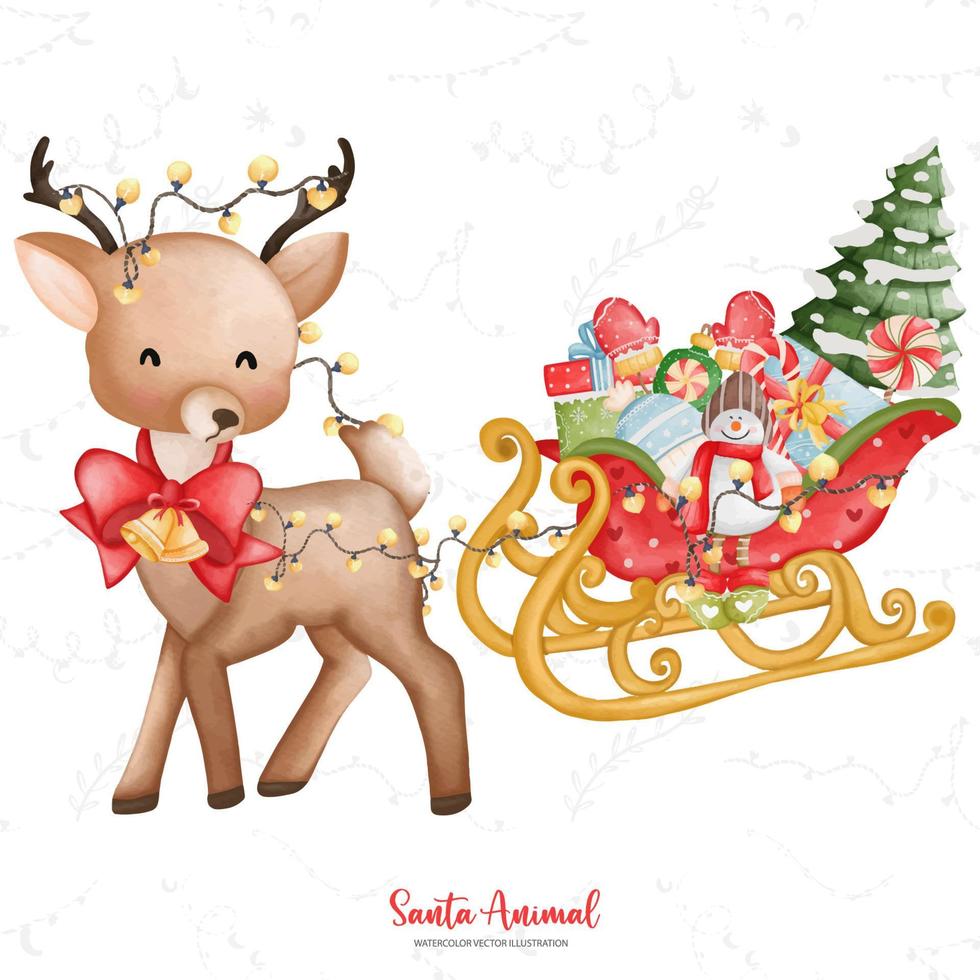 carino renna con Santa Claus slitta. acquerello Natale stagione illustrazione vettore
