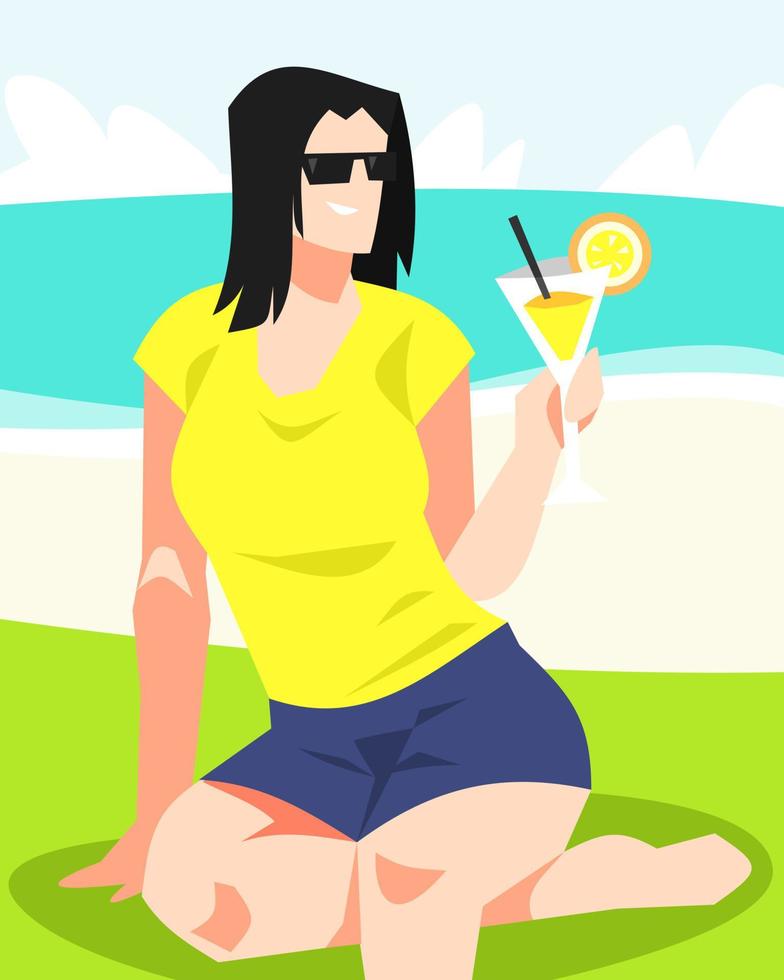 illustrazione di bellissimo donna nel bicchieri godendo un' bevanda di arancia succo su il spiaggia. estate concetto, stile di vita, bellezza, eccetera. piatto vettore illustrazione