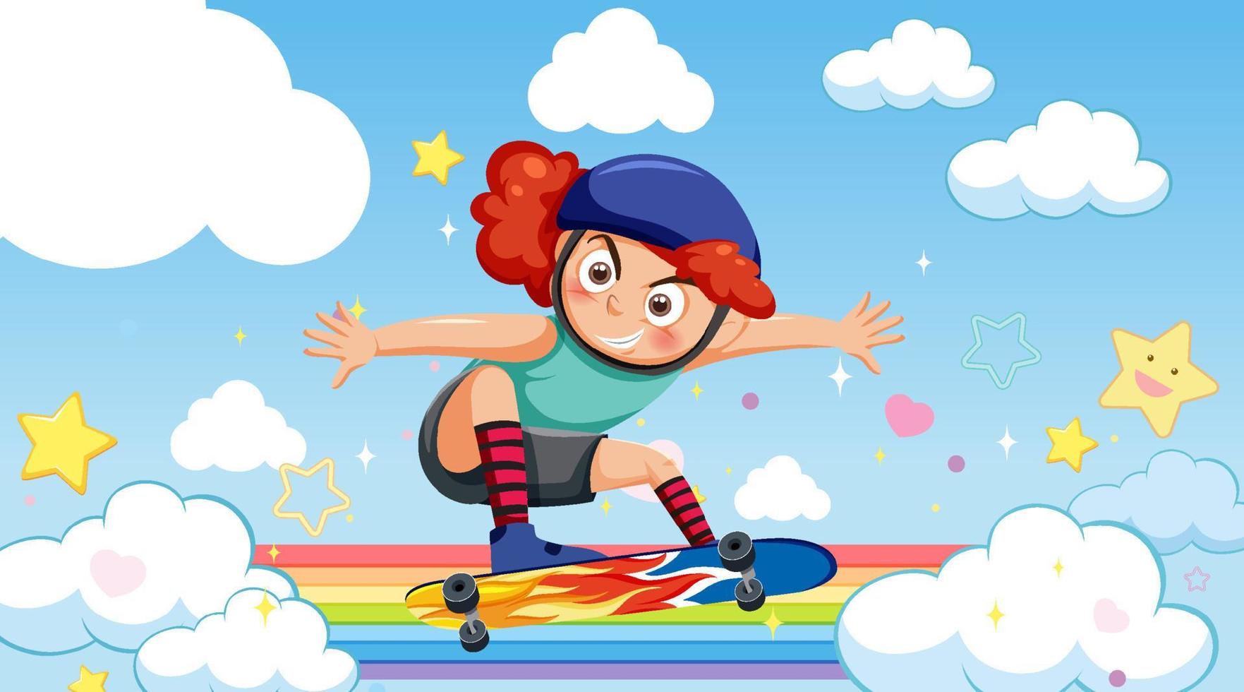 un' ragazza giocando skateboard su arcobaleno nel il cielo vettore