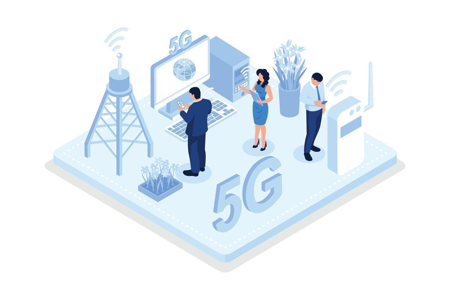 persone personaggio collegamento dispositivi con nuovo generazione 5g tecnologia Rete. alta velocità mobile Internet e Internet di cose concetto, isometrico vettore moderno illustrazione