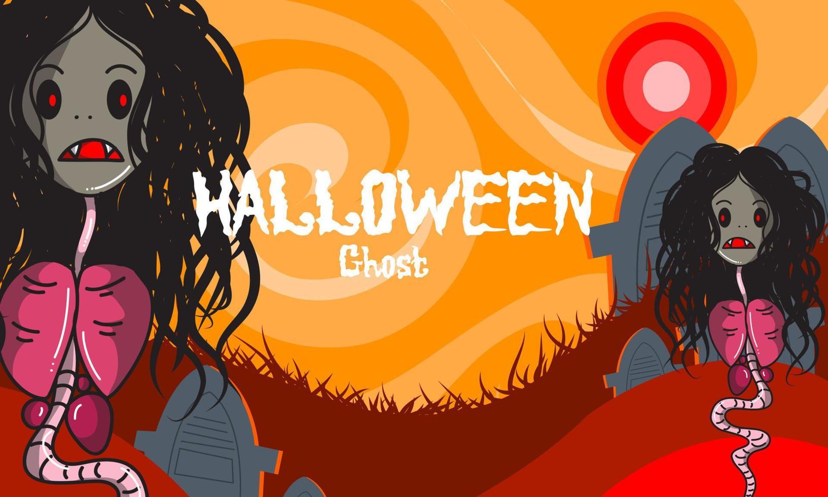 sfondo Halloween indonesiano fantasma cartone animato personaggio vettore