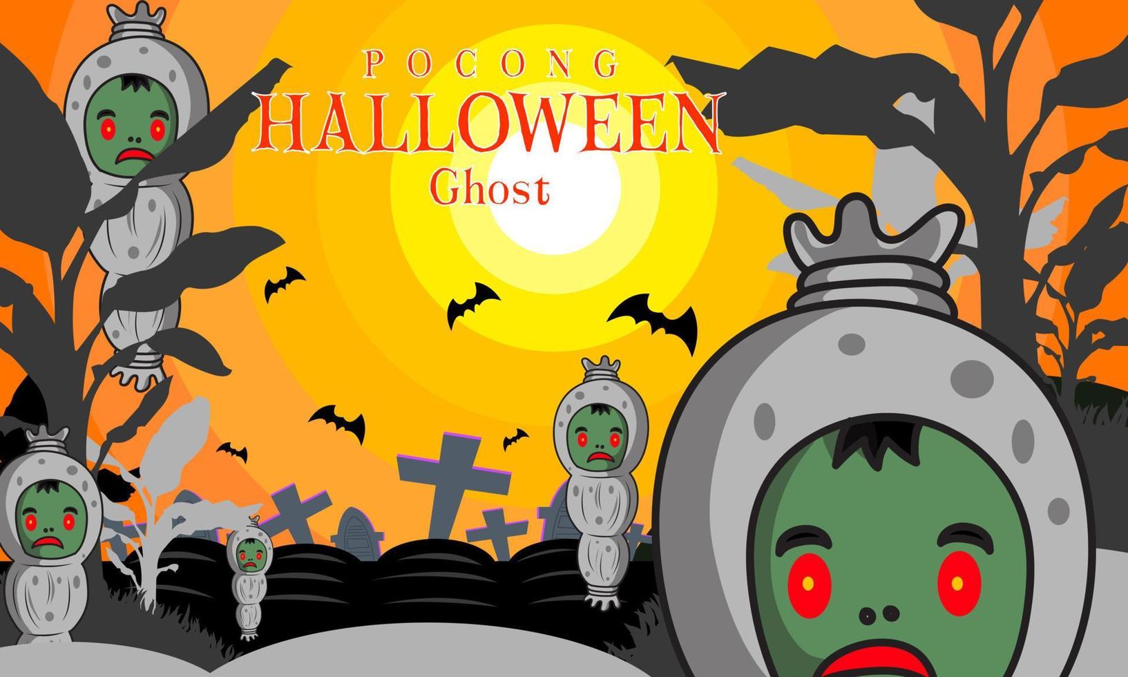 sfondo Halloween indonesiano fantasma cartone animato personaggio vettore