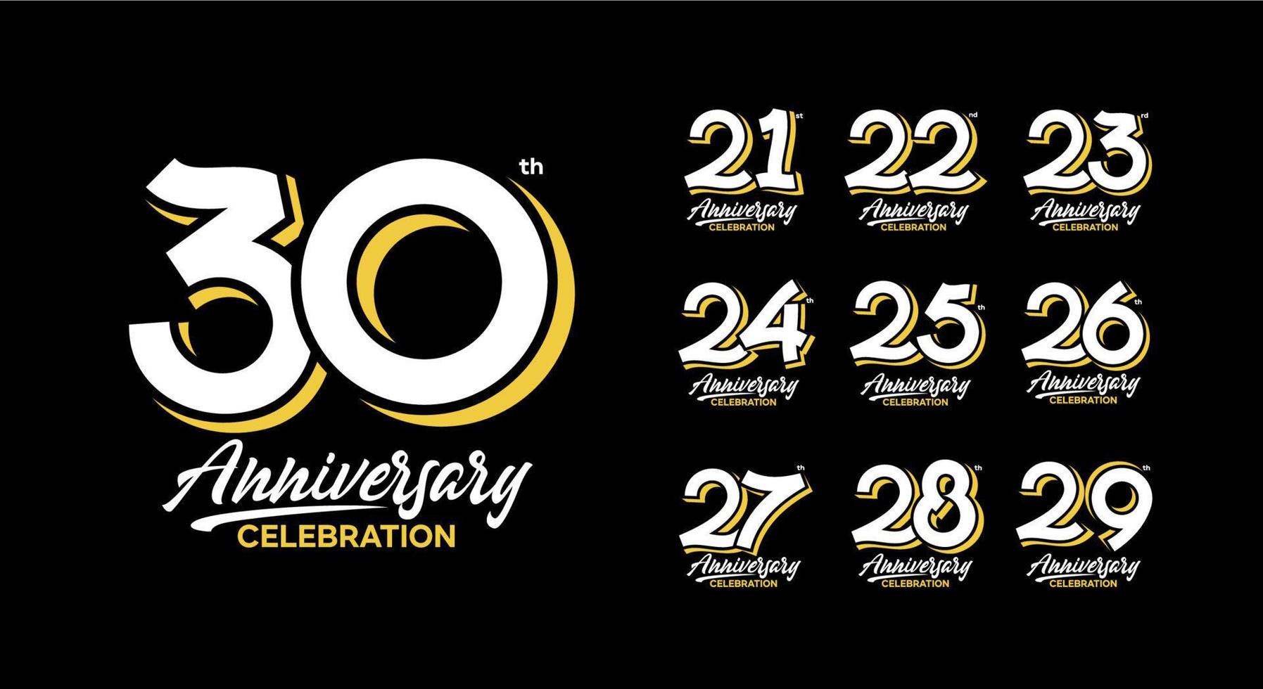 anniversario logotipo impostato 21, 22, 23, 24, 25, 26, 27, 28, 29, 30 vettore