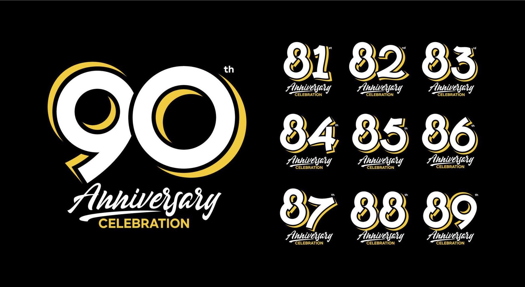 anniversario logotipo impostato 81, 82, 83, 84, 85, 86, 87, 88, 89, 90 vettore