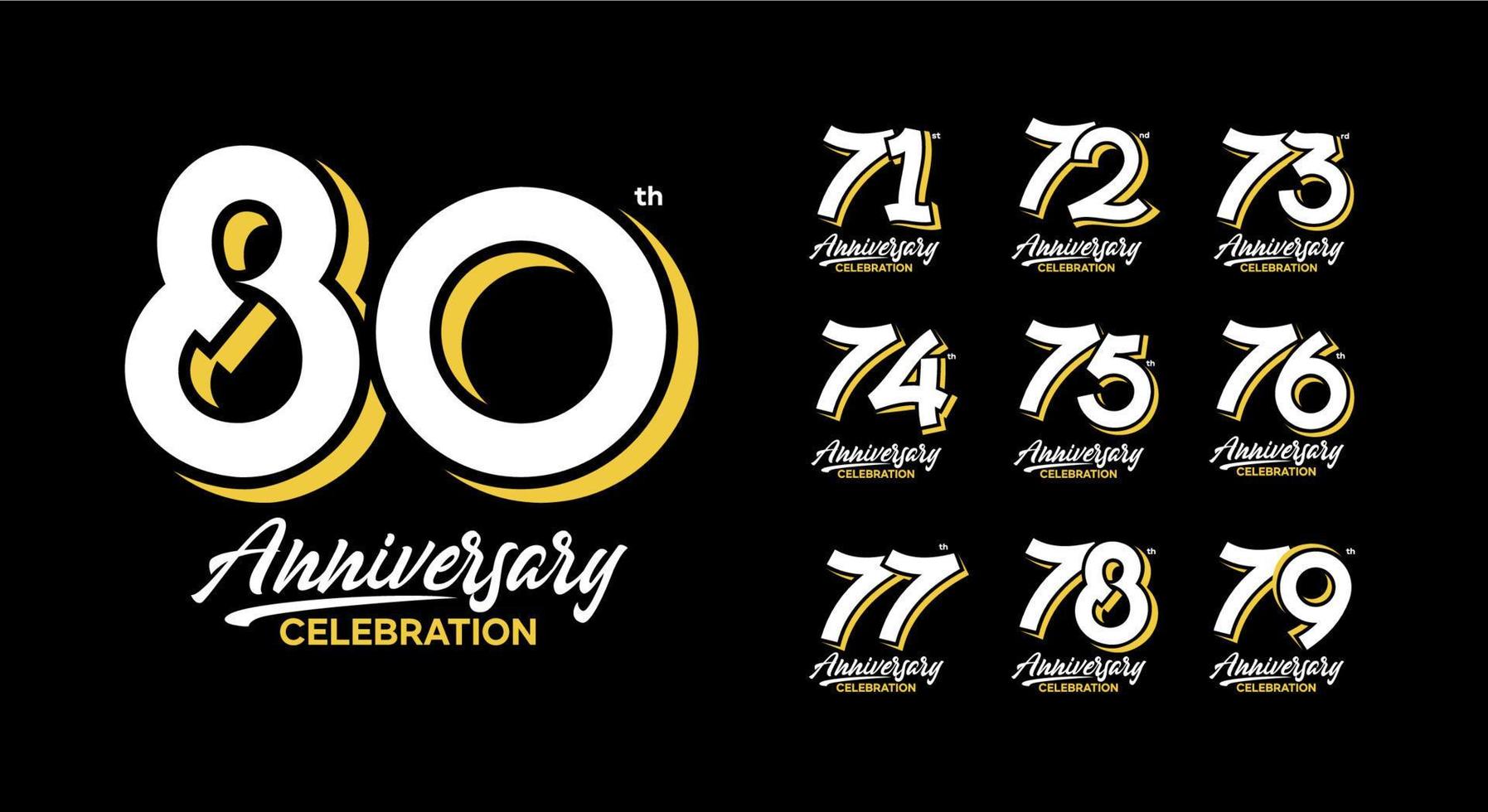 anniversario logotipo impostato 71, 72, 73, 74, 75, 76, 77, 78, 79, 80 vettore