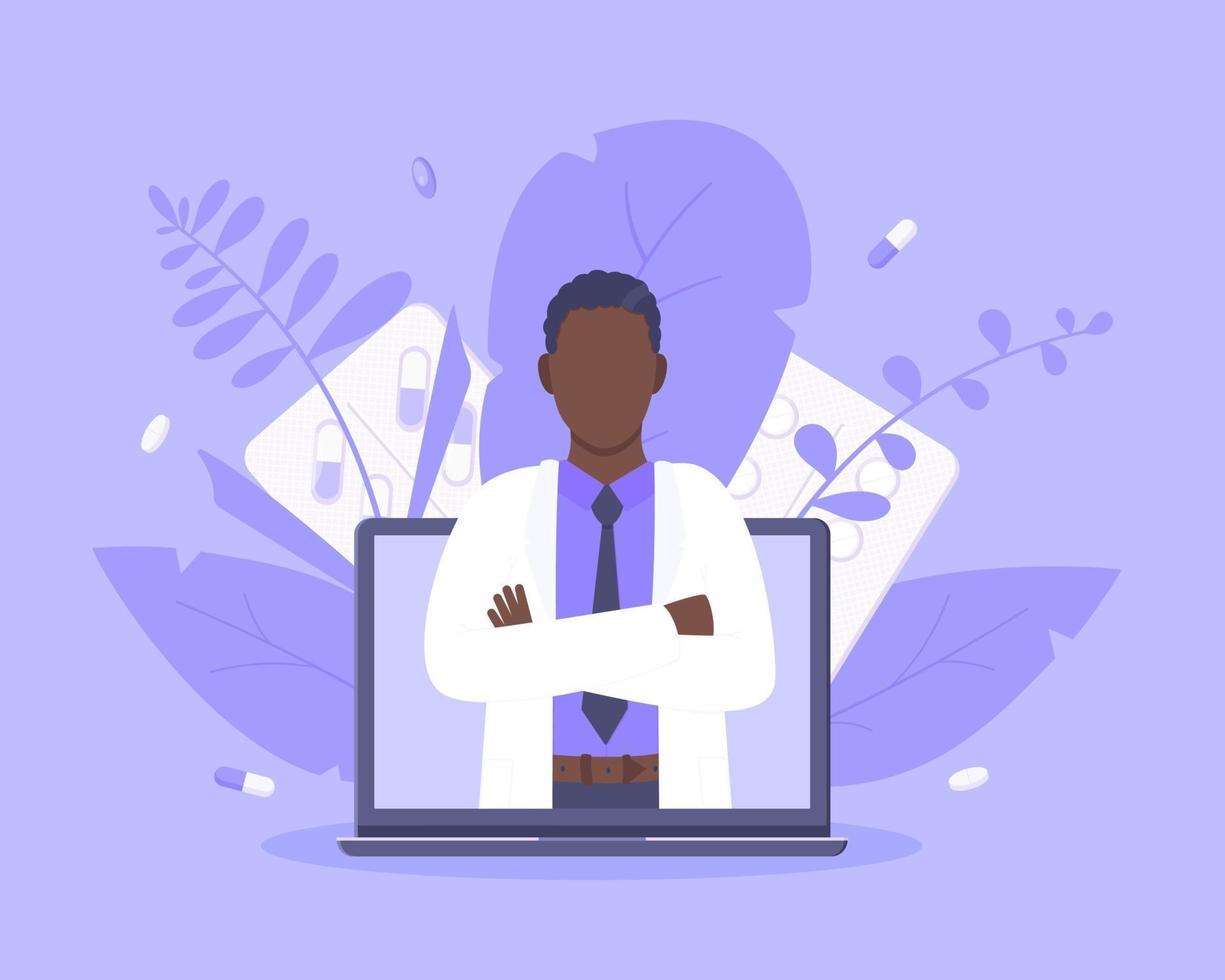 concetto di servizio medico medico online con il medico nell'illustrazione vettoriale del laptop.