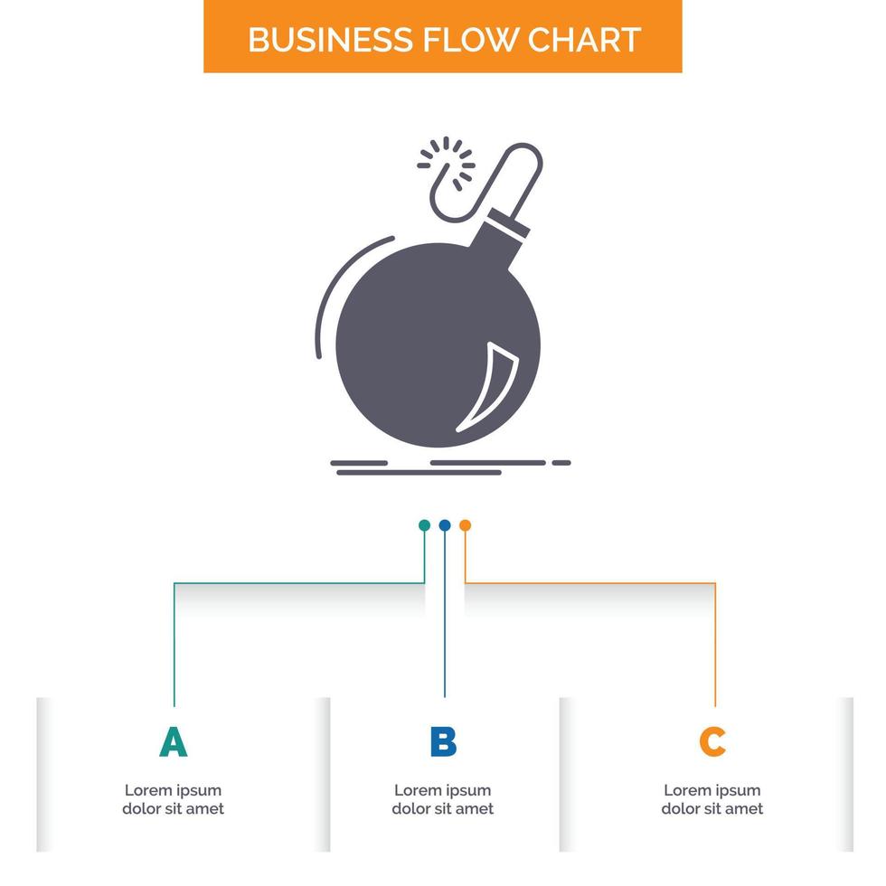 bomba. boom. Pericolo. ddos. esplosione attività commerciale flusso grafico design con 3 passi. glifo icona per presentazione sfondo modello posto per testo. vettore